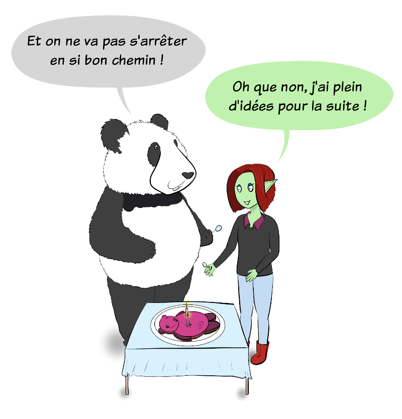 Moustache le panda dit "Et on ne va pas s'arrêter en si bon chemin !" "Oh que non" surenchérit Petit Lutin artiste, "j'ai plein d'idées pour la suite !"